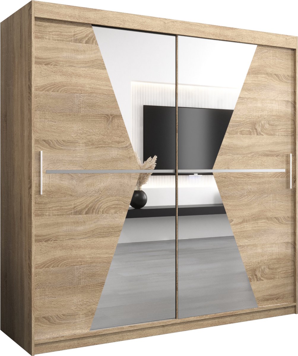 InspireME Kledingkast met 2 schuifdeuren, Modern-stijl, Een kledingkast met planken en een spiegel (BxHxD): 200x200x62 - TOTO 200 Sonoma Eik