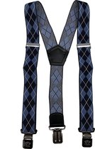 Flores Lederwaren - Heren - Dames Bretels – 3 brede stalen clips bretel - Unisex volwassenen -Motorrijders – Spijkerbroek – Beroepskleding – Skikleding – Kleur/Motief: Blauw Wit Geruit.