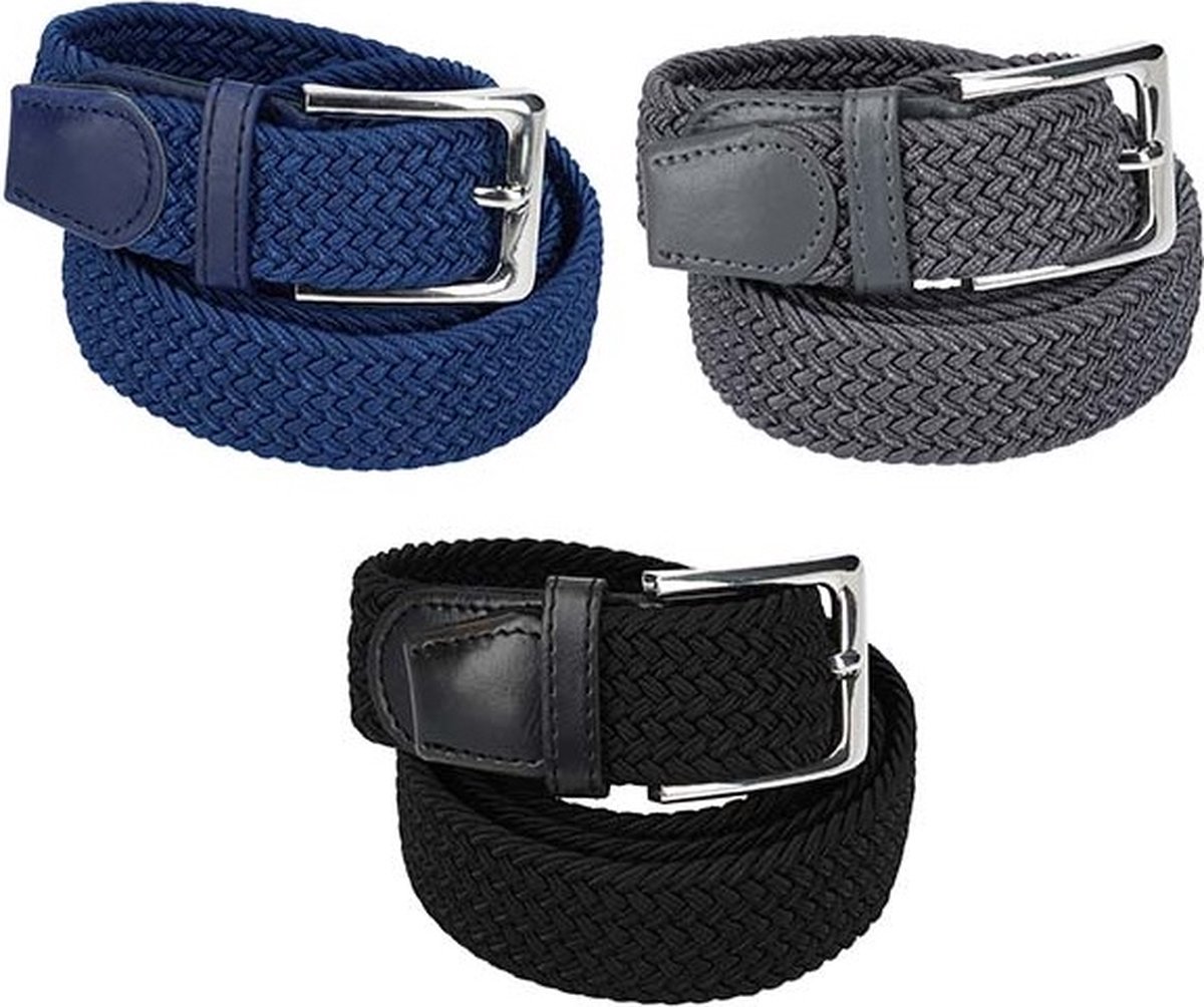 3-Pack iBello elastische gevlochten riemen een blauwe, zwarte en grijze variant