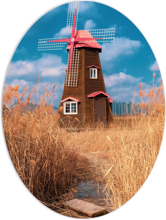 WallClassics - PVC Schuimplaat Ovaal - Bruine Molen tussen Grassen - 60x80 cm Foto op Ovaal  (Met Ophangsysteem)