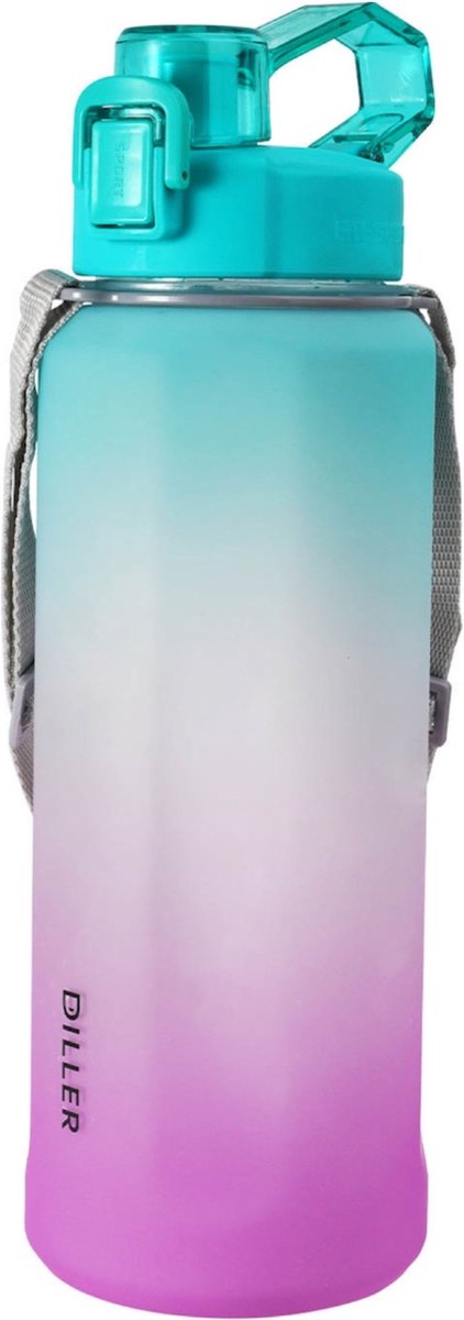 Diller waterfles met rietje - 2 liter - grote waterfles - Bottle - Motivatie waterfles met tijdmarkeringen - sportfles - turquoise/paars