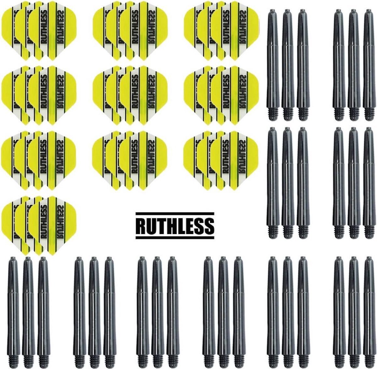 10 Sets Ruthless Flights Geel – plus 10 sets dart shafts – inbetween