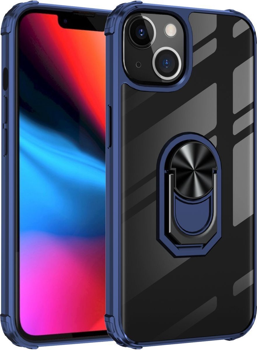 Mobigear Hoesje geschikt voor Apple iPhone 14 Telefoonhoesje Hardcase | Mobigear Crystal Ring Backcover met Ringhouder | iPhone 14 Case | Back Cover - Transparant / Blauw
