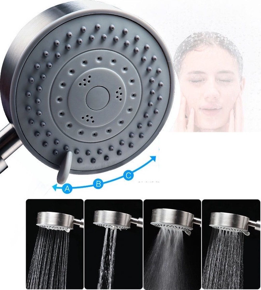 iBright Douchekop met Slang en wandhouder RVS Zilver 5 functies