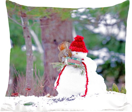 Sierkussens - Kussen - Eekhoorn zit op een sneeuwpop in de winter - 60x60 cm - Kussen van katoen