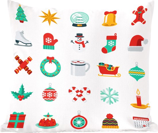 Sierkussens - Kussen - Kerstillustratie met typische kerstspullen - 45x45 cm - Kussen van katoen