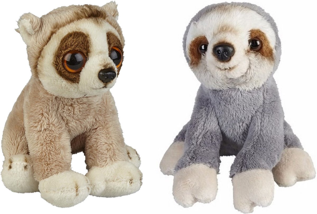 Ravensden - Bosdieren pluche knuffels - 2x stuks - Grootoog Lorie aapje en Luiaard - 15 cm