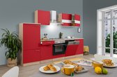 Goedkope keuken 280  cm - complete keuken met apparatuur Merle  - Eiken/Rood - soft close - elektrische kookplaat - vaatwasser - afzuigkap - oven    - spoelbak
