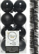 Decoris kerstballen 16x st 4 cm - met kerstslinger - zwart - kunststof