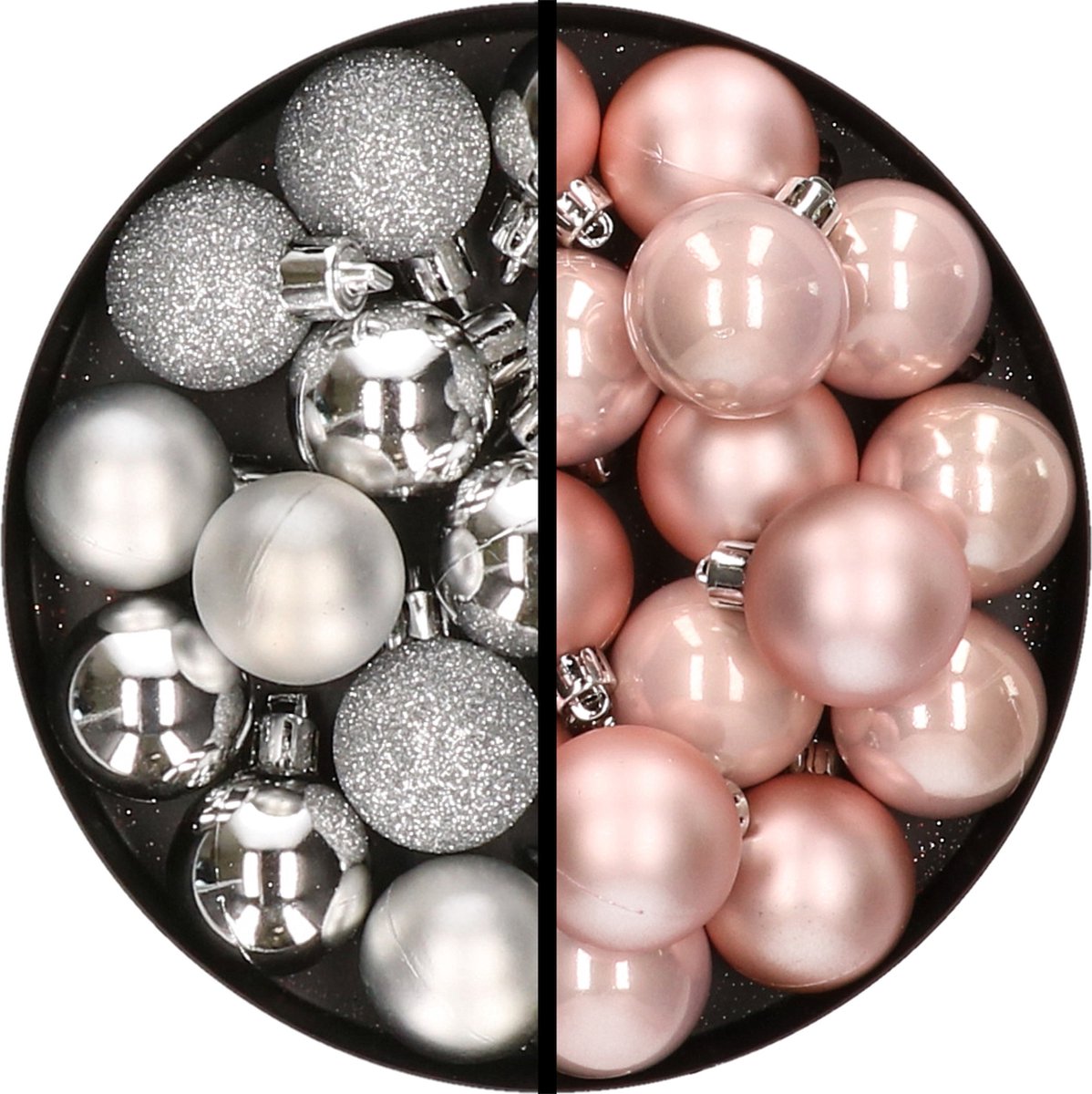 Kerstballen 36x stuks - 3 en 4 cm - zilver en lichtroze - kunststof
