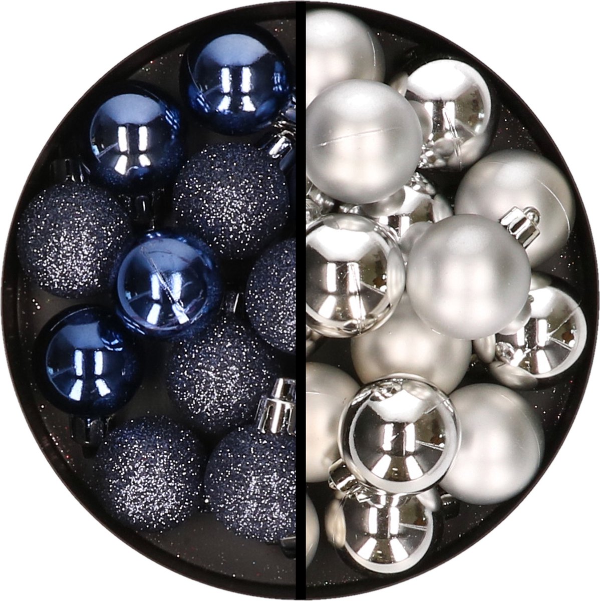 Kerstballen 36x stuks - 3 en 4 cm - donkerblauw en zilver - kunststof