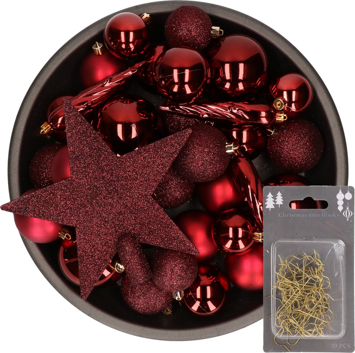 Decoris Kerstballen - 33 ST - kunststof - 5-6-8 cm bordeaux rood met ster piek en haakjes