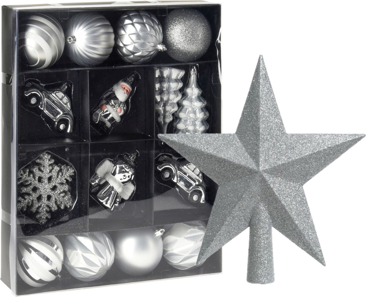 Christmas Decoration Kerstballen en ornamenten - incl. ster piek - zilver/wit - kunststof