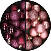 Boules de Noël 34x st - 3 cm - violet aubergine et vieux rose - synthétique