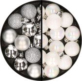 Kerstballen 34x st - 3 cm - zilver en parelmoer wit - kunststof
