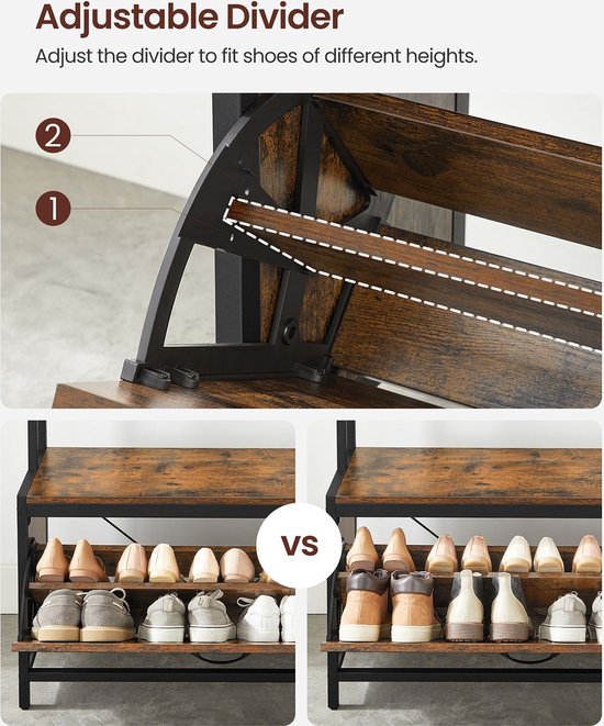 Signature Home Antony Porte-manteau avec armoire à chaussures - Porte-manteau avec banc - Porte-vêtements - Porte-chaussures - 9 crochets - Étagère supérieure - Pour couloir - Chambre - Design industriel - Marron vintage - Noir