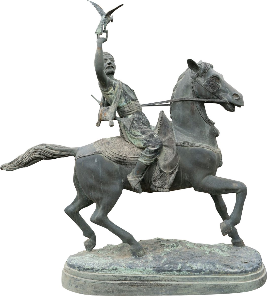 Oud gegoten bronzen beeld van een paard en ruiter