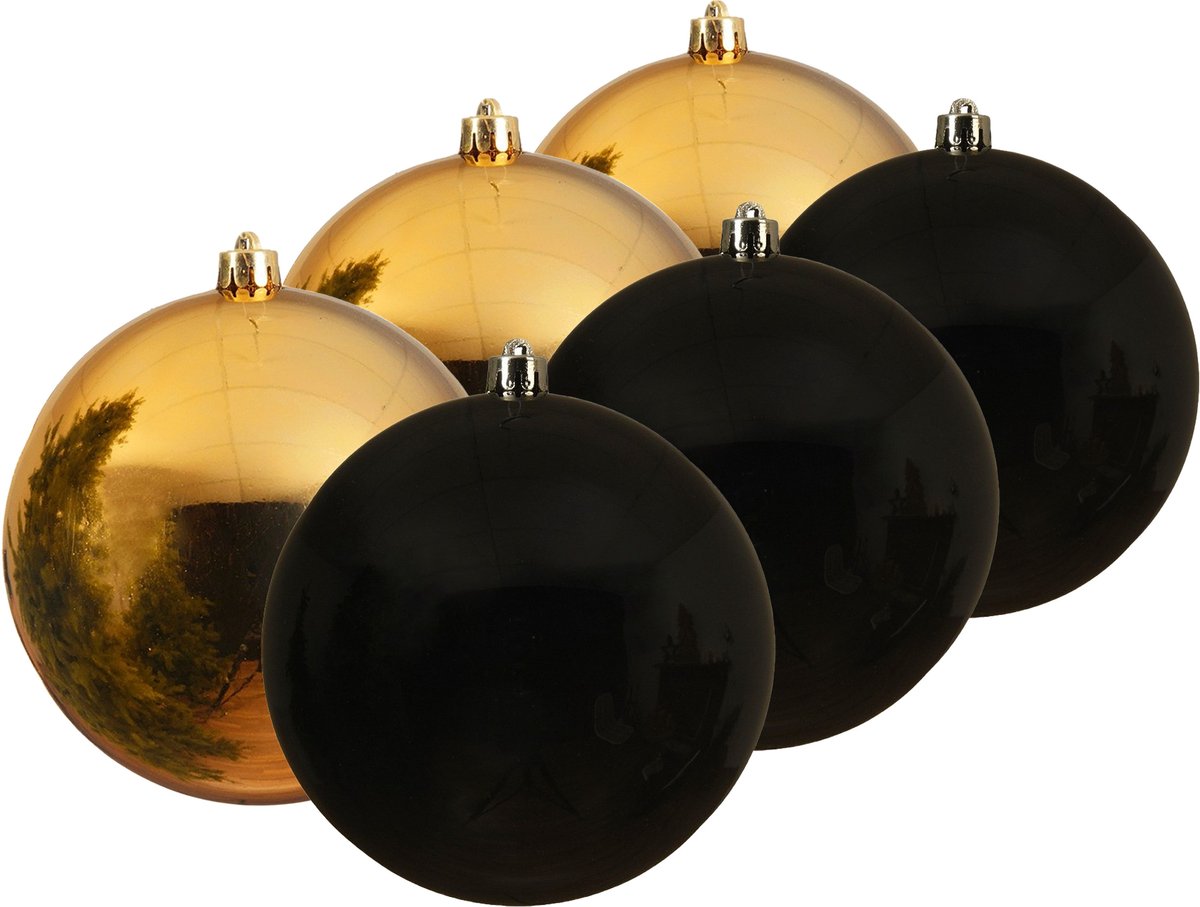Decoris kunststof kerstballen 6x stuks goud en zwart 14 cm