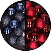 Kerstballen 36x stuks - 3 en 4 cm - donkerblauw en donkerrood - kunststof