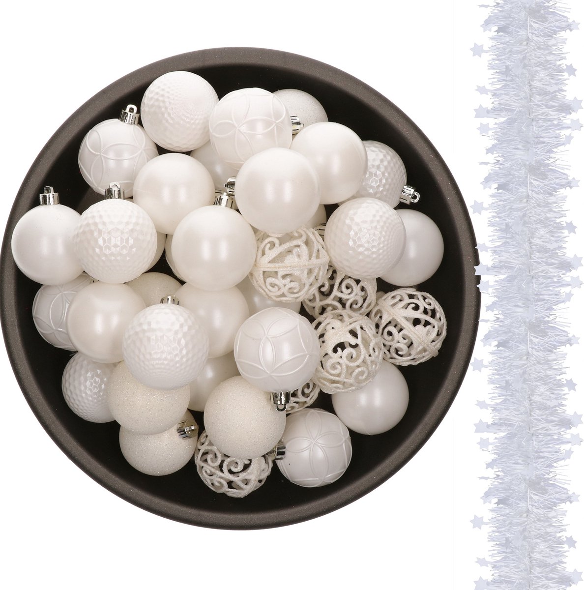Decoris Kerstballen 37x stuks 6 cm - en 2x stuks kerstslingers - wit - kunststof