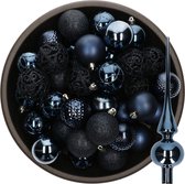 Decoris Kerstballen - 37x stuks 6 cm - met glazen piek glans - donkerblauw