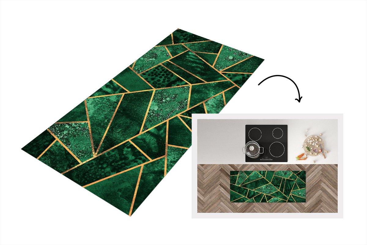 KitchenYeah Keukenloper - Loper keuken - Smaragd - Goud - Abstract - Patronen - Keukenloper vinyl Multicolor