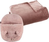 Apollo - Fleece deken oudroze 130 x 180 cm met voetenwarmer slof poes/kat one size