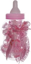 30 gevulde papflesjes met snoephartjes roze in een grote spaarpot papfles als uitdeel bedankje bij babyshower of geboortefeest
