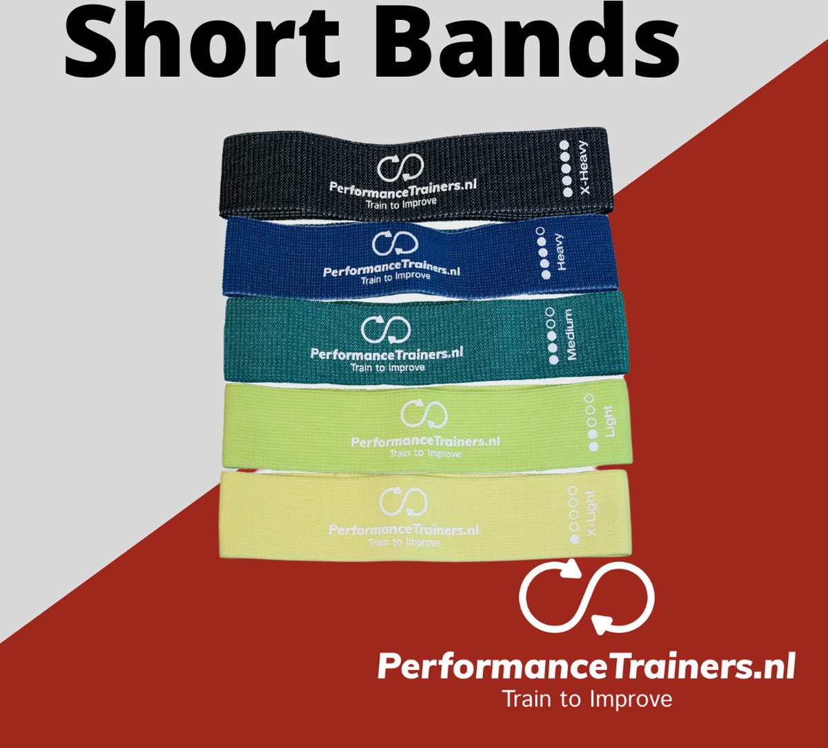 Pro-Bands Short - Weerstandsbanden kort - set 5 textiel fitnessbanden - Resistance band set - fitness elastiek - Booty band - Performance Trainers