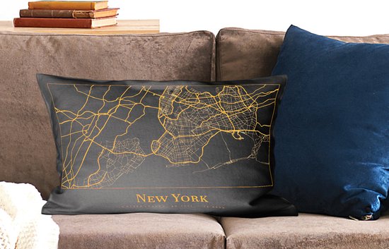 Coussins décoratifs - Oreillers Salon - 60x40 cm - Carte - New York - Or - Zwart