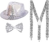 Toppers - Folat Verkleedkleding set hoed/strikje/bretels zilver glitter volwassenen