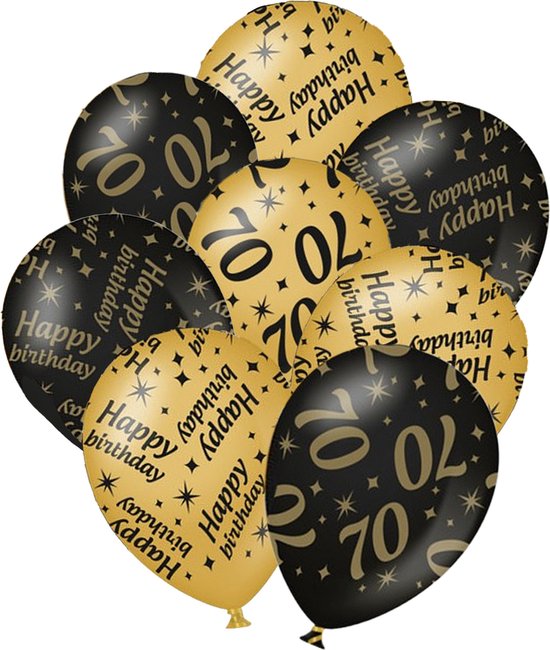 Verjaardag ballonnen - 70 jaar en happy birthday 12x stuks zwart/goud