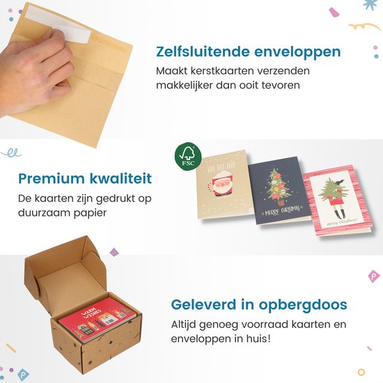 Kerstkaarten en enveloppen uit een open opbergdoos. Vier kaarten met patronen van kerstboom, kerstman en kerstversiering.