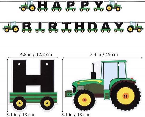 Originele Slinger Happy Birthday Boerderij / Traktor en Kar – Vlag – Versiering – Banner – Guirlande - Traktor / Tractor | Geel - Groen - Zwart | Auto's – Bouwen | Verjaardag – Feest – Party – Birthday – Babyshower - Kinderverjaardag | Kids – Jongen