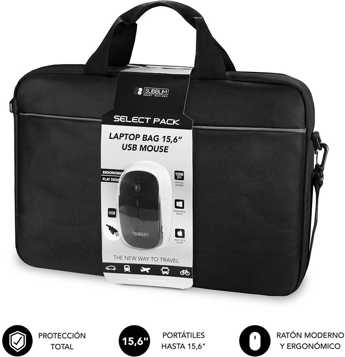 Laptop Case Subblim Maletín con Ratón Select Pack Wired Mouse USB + Laptop bag 15,6"