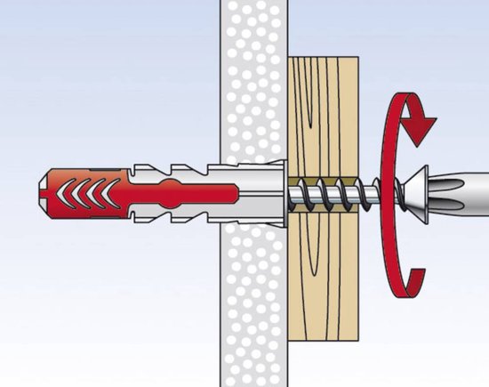 Installatie van Fischer plug met schroef in isolatiemateriaal en houten muur. Rode en witte plug.