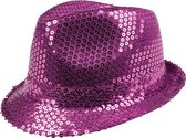 Toppers - Funny Fashion Carnaval verkleed Trilby hoedje met glitter pailletten - paars - heren/dames