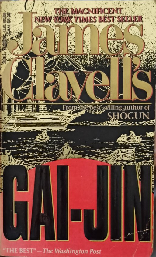 Boekomslag van 'Gai-Jin' door James Clavell, met een gouden en zwarte illustratie van schepen en de titel in gouden letters.