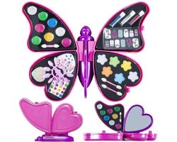 foto van Speelgoed Make-up Set - Vlinder - 92 stuks - 34 x 27 cm - incl . Spiegel - Met GRATIS 100 NAGELSTICKERS !! Kado Tip