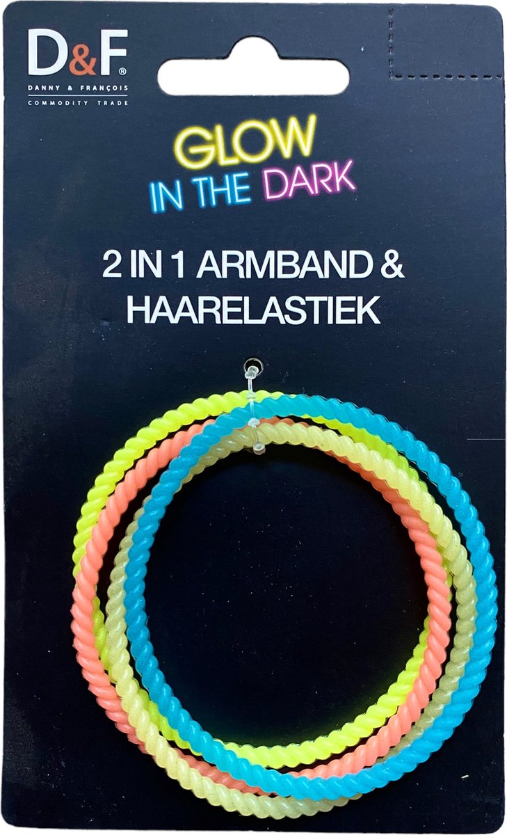 D&F Glow in the dark 2 in 1 Armband en Haarelastiek 4 stuks Blauw, Wit, Geel, Oranje