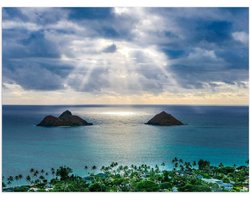 Poster Glanzend – Uitzicht over Strand en Zee - Lanikai Beach - Hawaï - 40x30 cm Foto op Posterpapier met Glanzende Afwerking