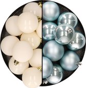 Kunststof kerstballen 6 cm - 24x stuks - wol wit en lichtblauw