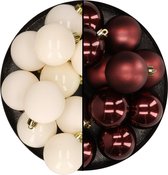 Kunststof kerstballen 6 cm - 24x stuks - wol wit - mahonie bruin