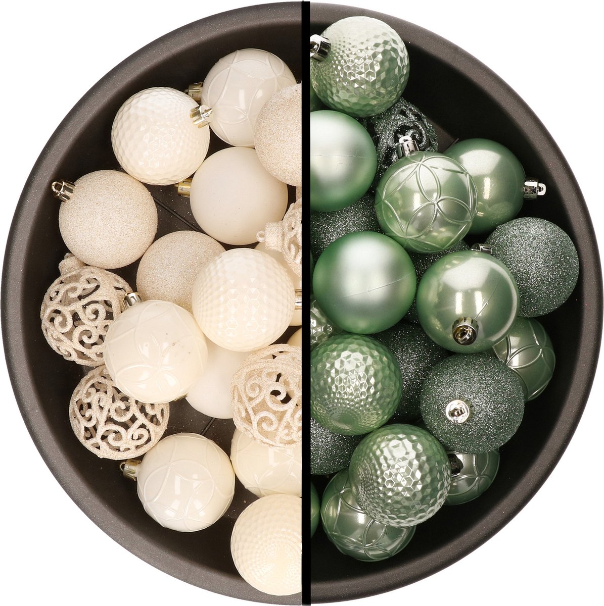 Kerstballen - 74x stuks - wol wit en mintgroen - 6 cm - kunststof