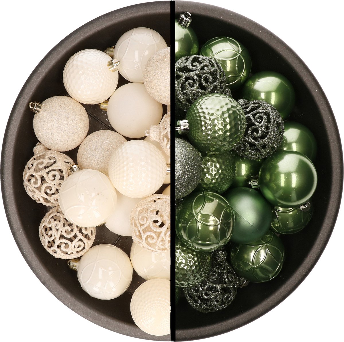 Kerstballen - 74x stuks - wol wit en salie groen - 6 cm - kunststof