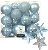 Kerstballen en sterren ornamenten - set 32x stuks - kunststof - lichtblauw