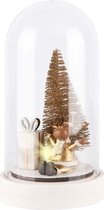 Globe / cloche avec Rudolf / renne et sapin / arbre de Noël - Wit / crème / marron / or avec éclairage LED - ø11 x 21 cm de haut.