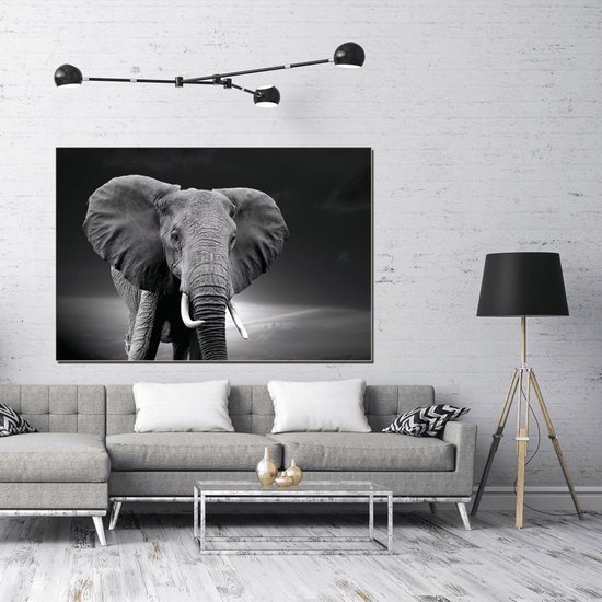 Meester Aan De Muur - Schilderij - Doek Schilderstuk Muurdecoratie Fotokunst Tafereel Elephant On Sunset - Multicolor - 120 X 80 Cm