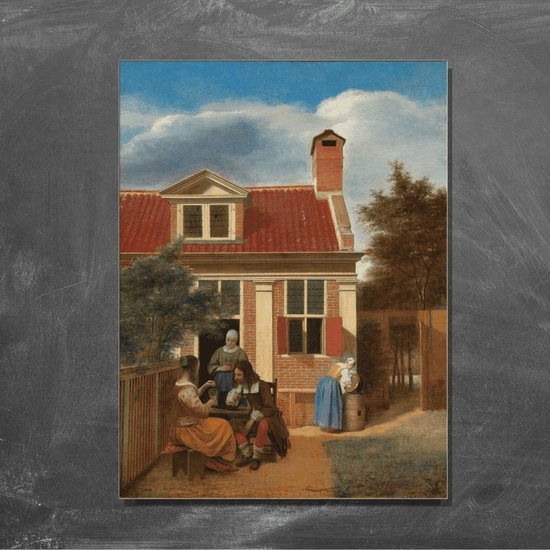 Wanddecoratie / Schilderij / Poster / Doek / Schilderstuk / Muurdecoratie / Fotokunst / Tafereel Een gezelschap op de plaats achter een huis - Pieter de Hooch gedrukt op Geborsteld aluminium