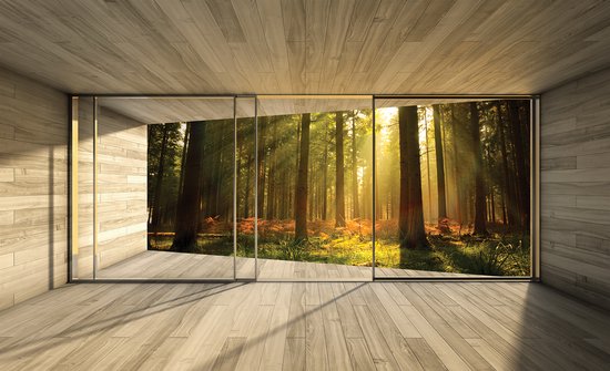 Foto: Fotobehang vlies behang zonnig bos terras zicht 3d 368 x 254 cm